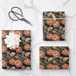 Bestickte rosa blühende Kakteen auf schwarz Geschenkpapier Set