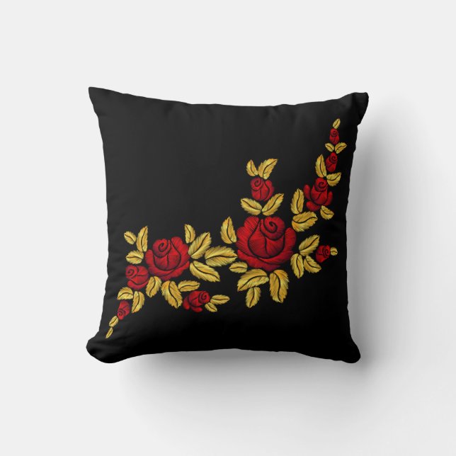 bestickte Rote Rosen Goldene Blätter Schwarz Kissen (Vorderseite)