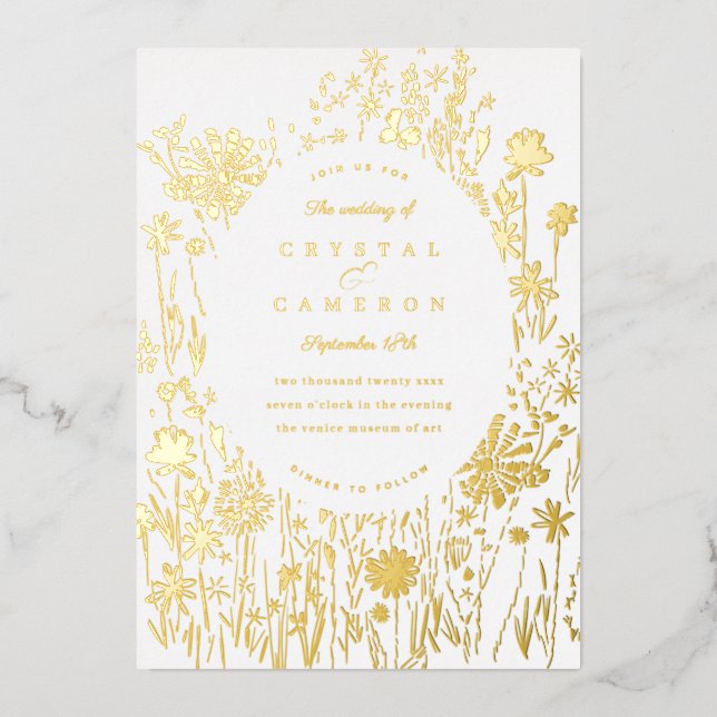 bestickte Wildblume Floral Meadow Gold Folieneinladung (Vorderseite)