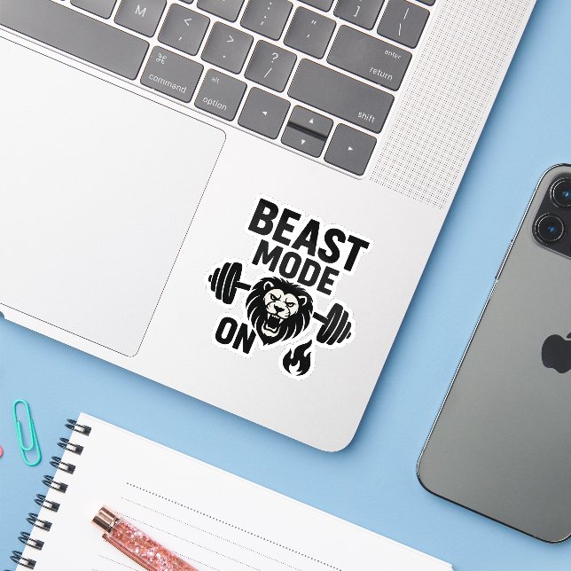 Bestienmodus im Ruderbetrieb Motivierend Löwengym Aufkleber (Laptop mit iPhone)