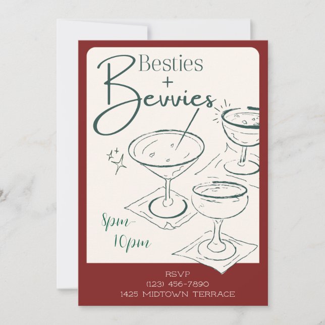Besties + Bevvies Cocktail Party Invitation Einladung (Vorderseite)