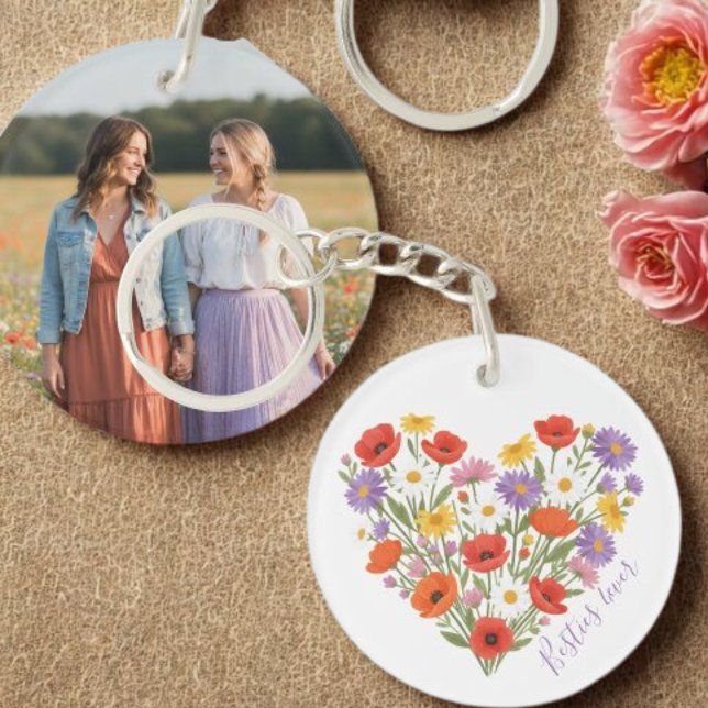 Besties Keychain - Heart Wildflower Bouquet (Floral heart best friend photo keychain)