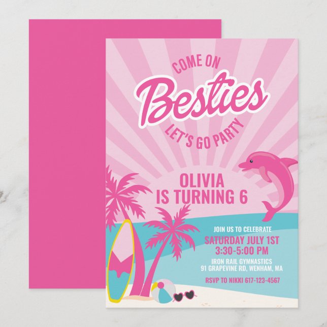 Besties pink malibu Strand Geburtstag Einladung (Vorne/Hinten)