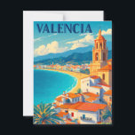 Besuch Valencia Spanien | Retroreise Postkarte<br><div class="desc">Bringen Sie mit diesem schönen valencianischen Reiseplakat den sonnenverwöhnten Geist Spaniens mit Zuhause! Dieses Kunstwerk im klassischen Retrostil feiert die pulsierende Stadt Valencia, die für ihre Orangen, die atemberaubende moderne Architektur und den Geburtsort der Paella bekannt ist. Die kühnen Farbtöne und das zeitlose Design machen es zu einem idealen Ort,...</div>