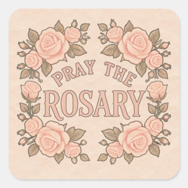 Bete den Rosary Peach Floral Religious Quadratischer Aufkleber (Vorderseite)