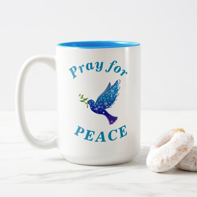 "Bete für PEACE" Friedlicher Blue Text Zweifarbige Tasse (Mit Donut)