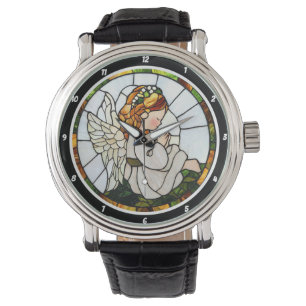 Beten Garten Engels Buntglas-Blumenwanduhr Armbanduhr