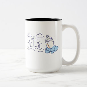 Beten Hände und Kalvarienberg-Kreuze Zweifarbige Tasse