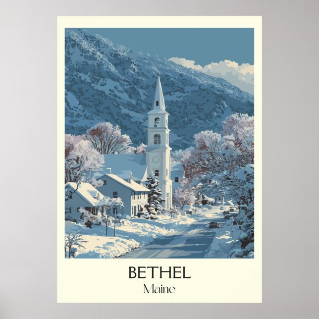 Bethel Maine Vintages Winterdorf Snow Art Poster (Vorne)
