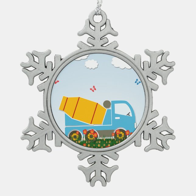 Betonmischer-LKW Schneeflocken Zinn-Ornament (Vorderseite)