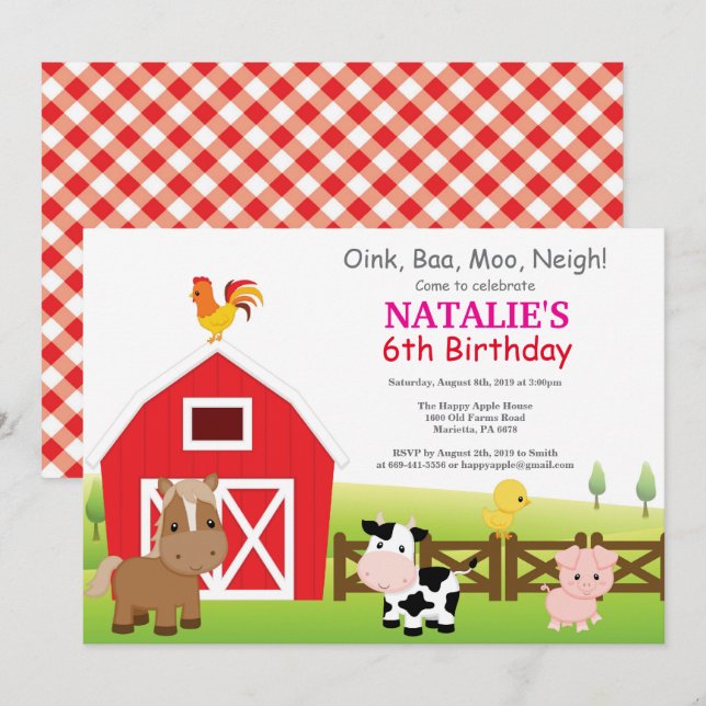 Betrieb Birthday Einladung Land Barnyard Party (Vorne/Hinten)