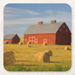 Betriebe   Red Barns Near Hay Bales Rechteckiger Pappuntersetzer