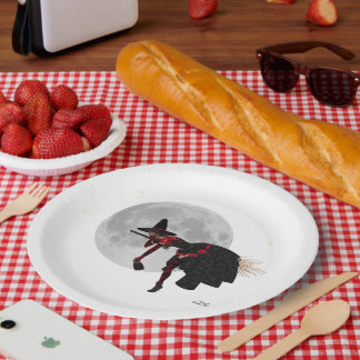 Betrunkene Hexe auf fliegendem Besen Papierplatten Pappteller