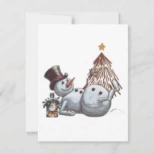 Betrunkener Schneemann mit einer Flasche Whiskey. Mitteilungskarte