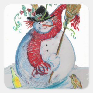 BETRUNKENER SCHNEEMANN MIT VÖGELN IM WINTER QUADRATISCHER AUFKLEBER