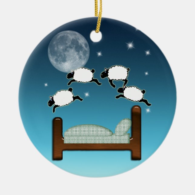 Bett, Himmel u. Zählung der Schafe nachts Keramik Ornament (Vorne)