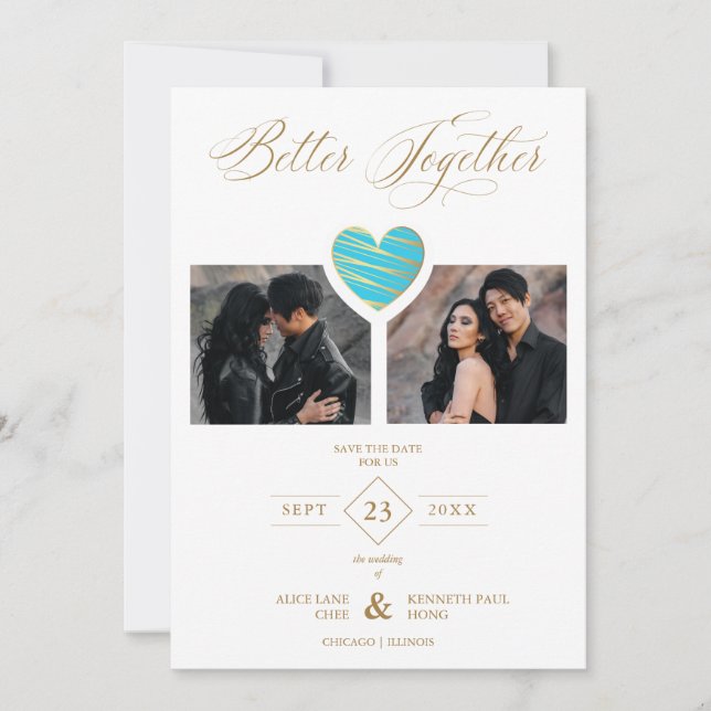 Better Together Quote Aquamarine Heart 2 Photos Save The Date (Vorderseite)