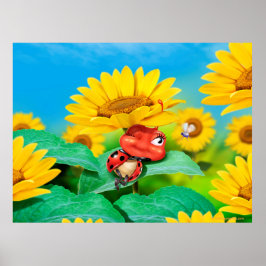 Bettkunstschläfrige Ladybug und Sonnenblumen Poster