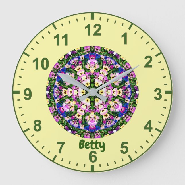 BETTY WOW! mehrfarbige Miniatur-Stiefmütterchen ge Große Wanduhr (Vorderseite)