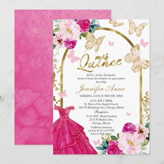 Beurre rose chaud espagnol Quinceanera Invitations (Devant / Derrière)