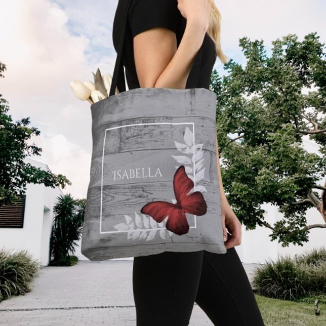 Beurre rouge Sac fourre-tout personnalisé rustique (Red Butterfly Rustic Personalized Tote Bag)