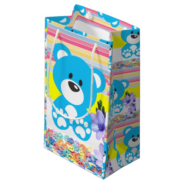 Beutel Gelb und Blaue Teddybären Streifen Kleine Geschenktüte (Vorderseite Schrägansicht)