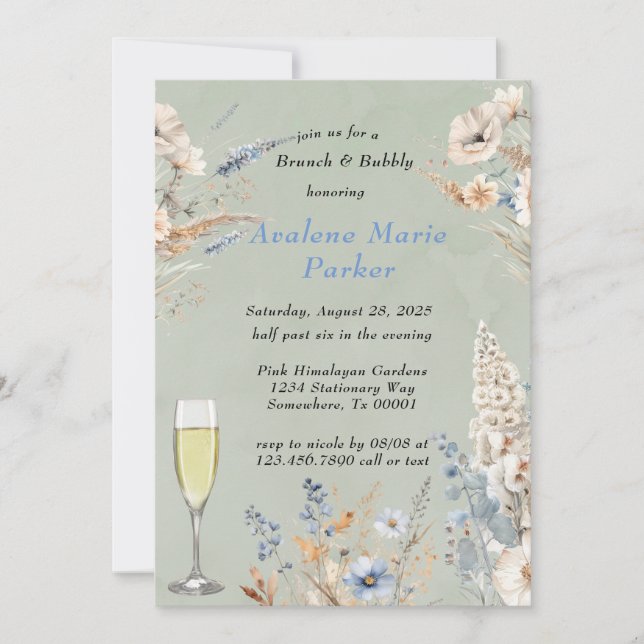 Beutel und trockene blaue Blumenbrunch & Bubbly Einladung (Vorderseite)
