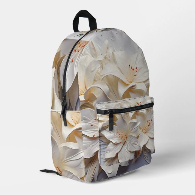 Beutelpackung mit weißer Blume Bedruckter Rucksack (Rückseitige Ecke links)
