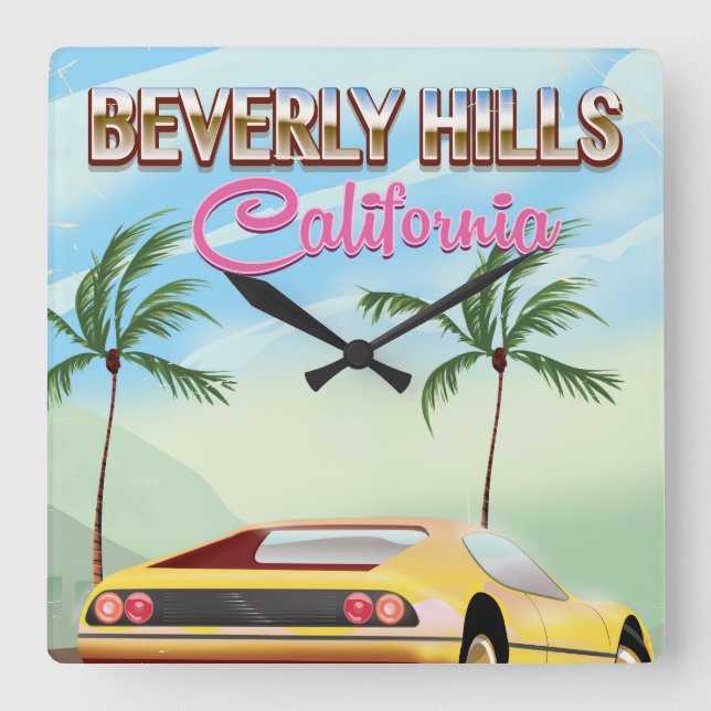 Beverly Hills - Retro-Reiseplakat Quadratische Wanduhr (Vorderseite)