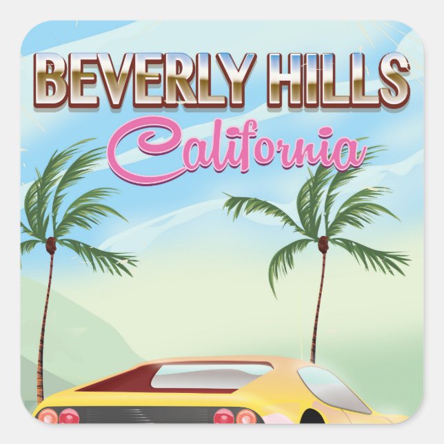 Beverly Hills - Retro-Reiseplakat Quadratischer Aufkleber (Vorderseite)