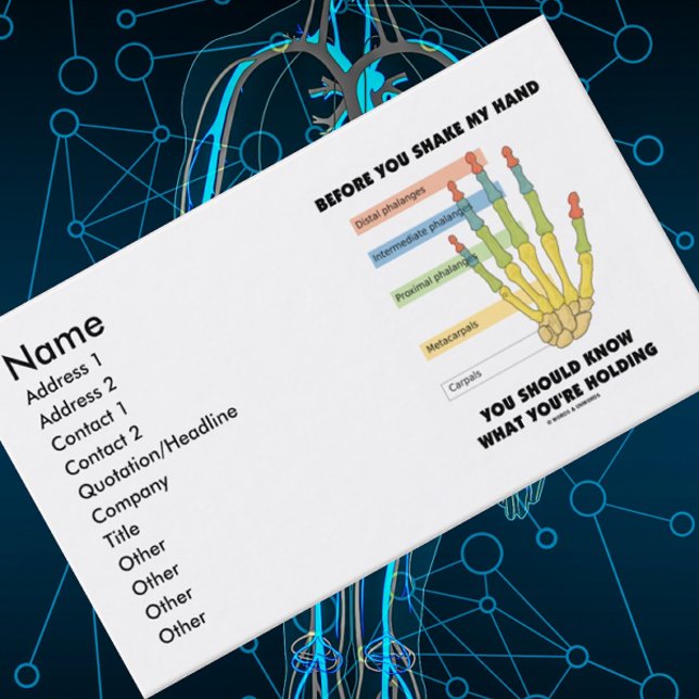 Bevor du mir die Hand schüttelst, weißt du, was du Visitenkarte (Introduce yourself with this medical anatomical hand bone business card with sound advice)