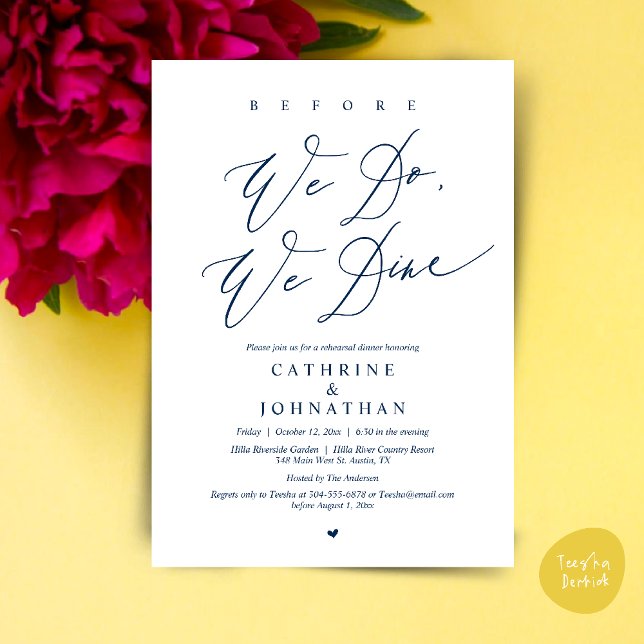 Bevor wir essen, essen wir Hochzeit Probe Dinner Einladung (Before we do, we dine, Modern Wedding Rehearsal Romantic Dinner Invitation Card PDF Navy Blue)