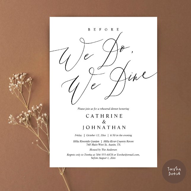 Bevor wir essen, essen wir Hochzeit Probe Dinner Einladung (Before we do, we dine, modern romantic wedding rehearsal dinner invitation card, pdf, in Black White)