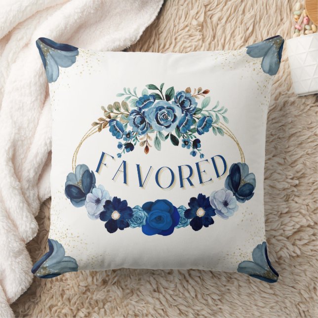 BEVORED Elegance Blue Gold Floral Wreath Kissen (Decke)