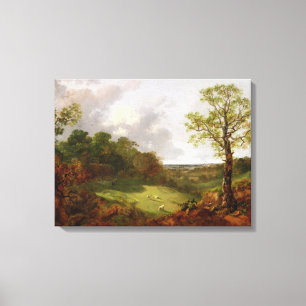 Bewaldete Landschaft mit einer Hütte, Schafen und Leinwanddruck