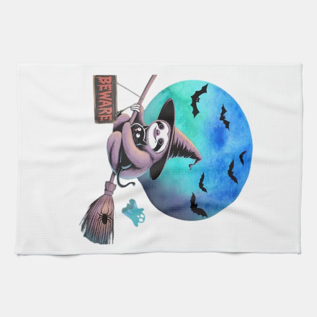 Beware Cute Witch Sloth Flying on Broom Halloween  Geschirrtuch (Horizontal)
