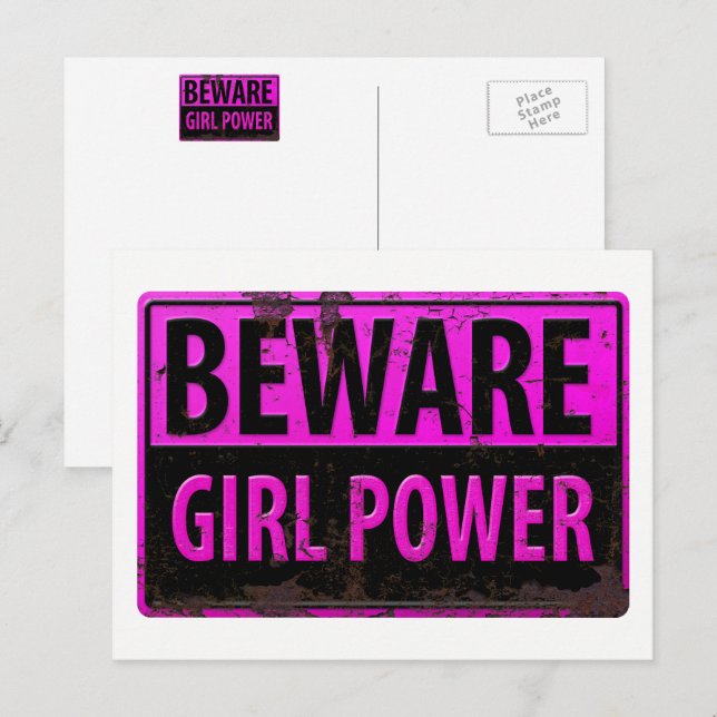 BEWARE Girl Power - Schild mit der Gefahr durch ro Postkarte (Vorne/Hinten)