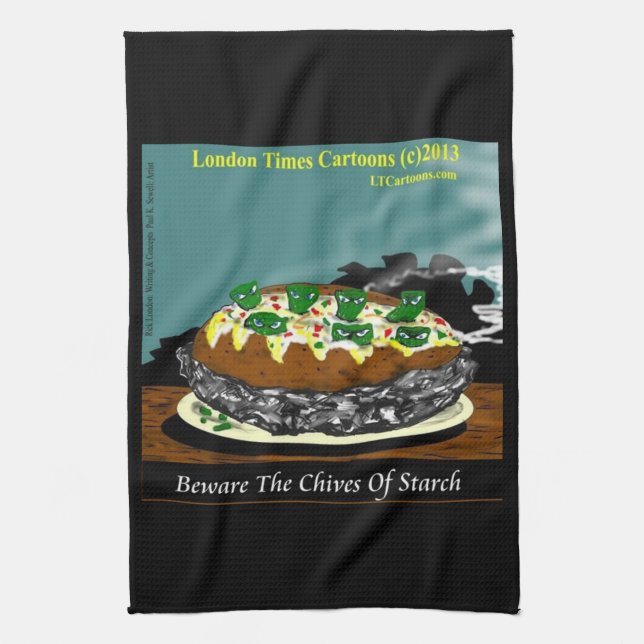 Beware the Chives of Starch – Funny Foodie Cartoon Geschirrtuch (Vertikal)
