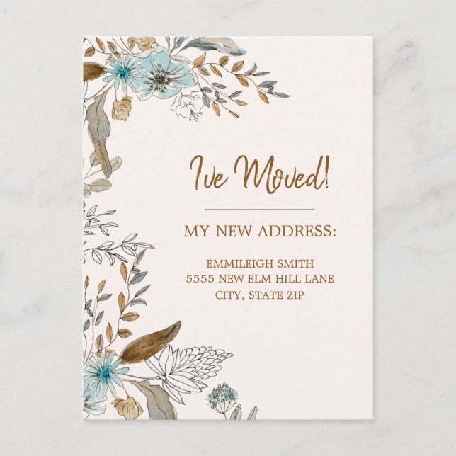 Bewegende Ankündigung Blue Brown Floral Blätter Postkarte (Vorderseite)