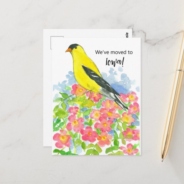 Bewegende Ankündigung Iowa Goldfinch Prärie Rose Postkarte (Vorderseite/Rückseite Beispiel)