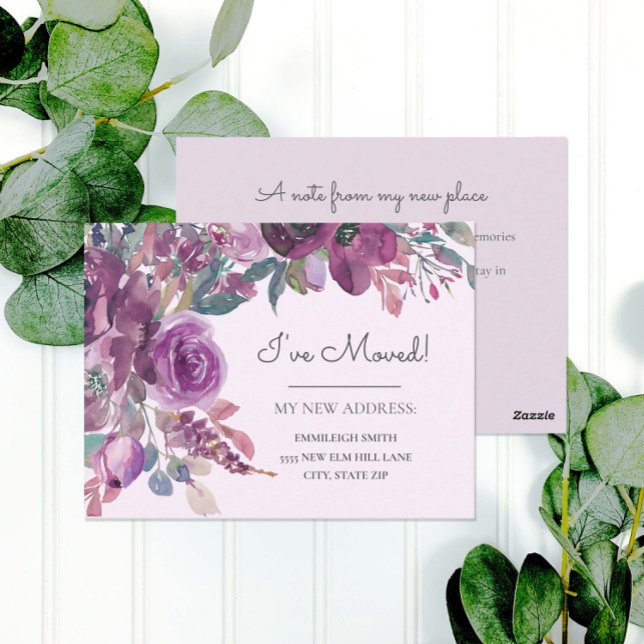 Bewegende Ankündigung Lila Aquarellblume Postkarte (Elegant purple watercolor floral moving announcement)