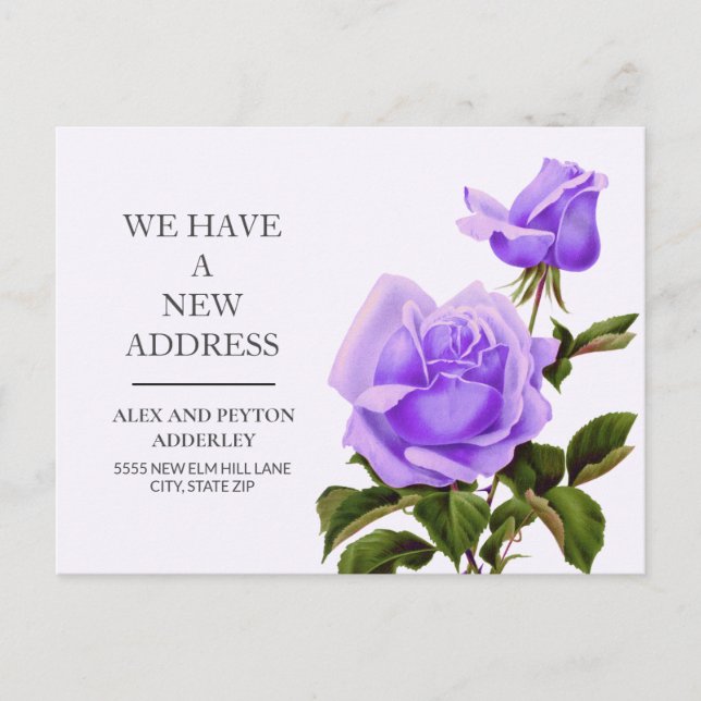Bewegende Ankündigung Lila Vintage Rose Postkarte (Vorderseite)