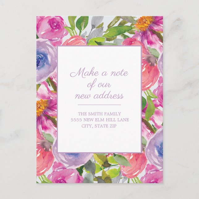 Bewegende Ankündigung Rosa Lila Aquarellfarben Postkarte (Vorderseite)