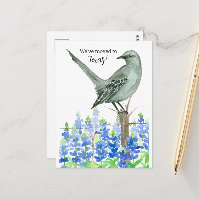 Bewegende Ankündigung Texas Mockingbird Bluebonnet Postkarte (Vorderseite/Rückseite Beispiel)