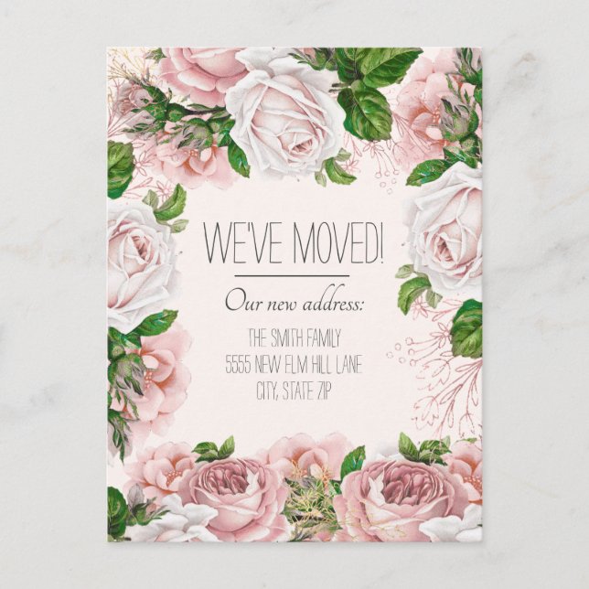 Bewegende Ankündigung Vintag Blush Pink Roses Postkarte (Vorderseite)