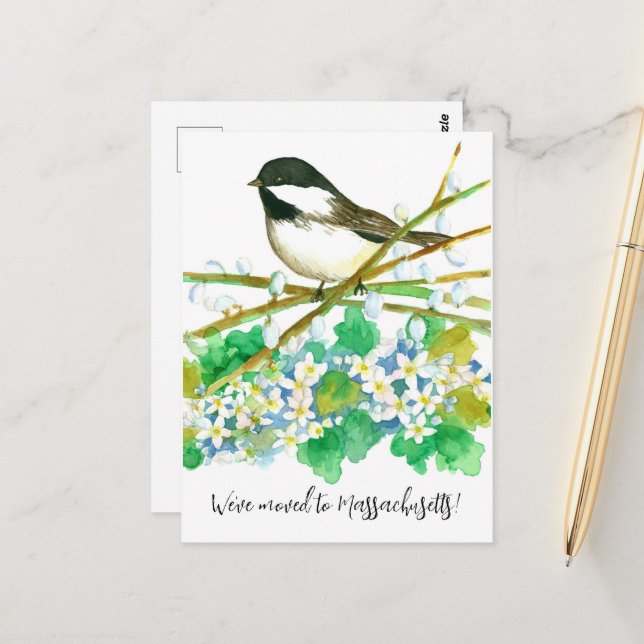 Bewegung Ankündigung Massachusetts Chickadee Blume Postkarte (Vorderseite/Rückseite Beispiel)