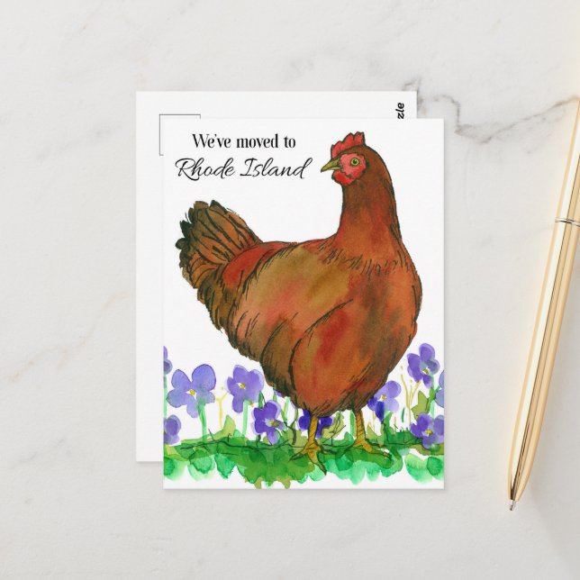 Bewegung Ankündigung Rhode Island Red Hen Violets Postkarte (Vorderseite/Rückseite Beispiel)