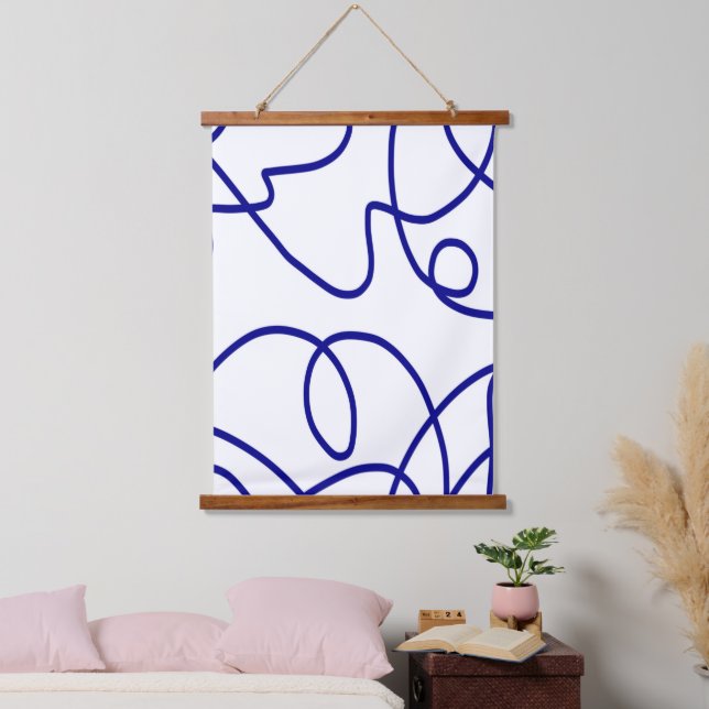 Bewegung: Linie Art in Blau und Weiß Wandteppich Mit Holzrahmen (Schlafzimmer)