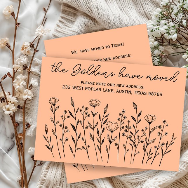 BEWEGUNG VON ANKÜNFTEN Wildblumen Einladung (MOVING ANNOUNCEMENT Wildflowers Line Art Simple Custom Address Change New Home Card)