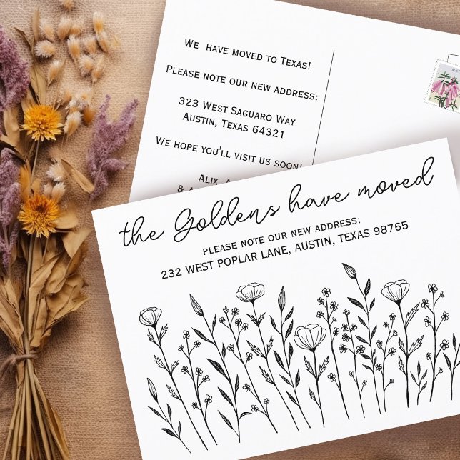 BEWEGUNG VON ANKÜNFTEN Wildblumen Postkarte (MOVING ANNOUNCEMENT Wildflowers Simple Custom Postcard
Address Change New Home Line Art )
